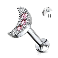 316L Surgical Steel Internally Threaded Pink CZ Moon Crescent Labret