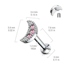 316L Surgical Steel Internally Threaded Pink CZ Moon Crescent Labret
