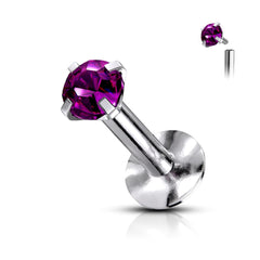 316L Surgical Steel Internally Threaded Purple Circle Prong CZ Flat Back Labret Stud