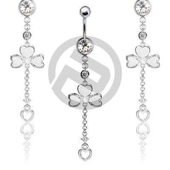 316L Surgical Steel Irish 3 Leaf Clover with Floating Heart Dangle Belly Ring