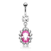 316L Surgical Steel Large Pink Oval Gem Flower Belly Button Ring