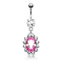 316L Surgical Steel Large Pink Oval Gem Flower Belly Button Ring