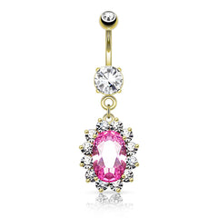 316L Surgical Steel Large Pink Oval Gem Flower Belly Button Ring