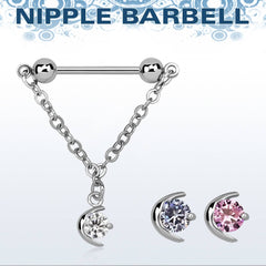 316L Surgical Steel Moon And Star Gem Dangling Nipple Ring Chain Barbell
