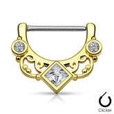 316L Surgical Steel Nipple Clicker Ring Floral White CZ Square Center Gem