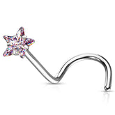 316L Surgical Steel Pink CZ Star Corkscrew Nose Ring Stud