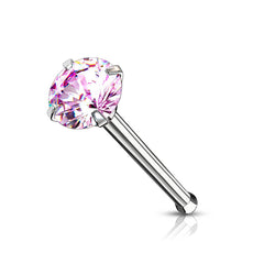 316L Surgical Steel Pink Round CZ Prong Gem Ball End Nose Ring Stud