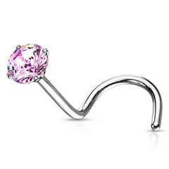 316L Surgical Steel Pink Round CZ Prong Gem Corkscrew Nose Ring Stud