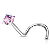 316L Surgical Steel Pink Square CZ Gem Corkscrew Nose Ring Stud