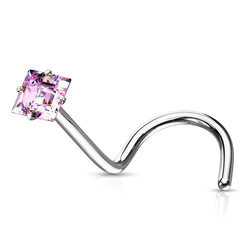 316L Surgical Steel Pink Square CZ Gem Corkscrew Nose Ring Stud
