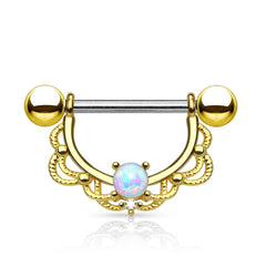 316L Surgical Steel Prong Set Opal with Laced Nipple Ring Barbell