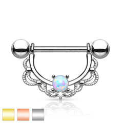 316L Surgical Steel Prong Set Opal with Laced Nipple Ring Barbell