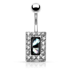 316L Surgical Steel Rectangle Paved Rim With Mother Of Pearl Center Belly Ring