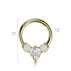 316L Surgical Steel Rose Gold PVD 3 White CZ Gem Teardrop Dainty Septum Ring Hinged Clicker Hoop