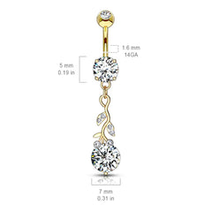 316L Surgical Steel Rose Gold PVD White CZ Vine Dangle Belly Ring
