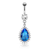 316L Surgical Steel Stunning Large Blue Teardrop Dangling Belly Ring
