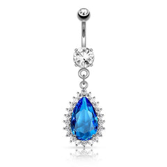 316L Surgical Steel Stunning Large Blue Teardrop Dangling Belly Ring