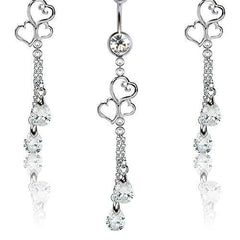 316L Surgical Steel Triple Heart Diamond CZ Dangle Belly Ring