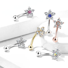 316L Surgical Steel White & Aurora Borealis Flower Curved Barbell