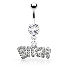 316L Surgical Steel White CZ "BITCH" Dangle Belly Ring