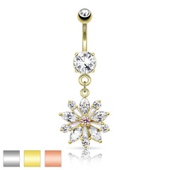 316L Surgical Steel White CZ Cut Snowflake Dangle Belly Button Navel Ring