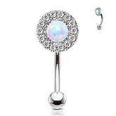 316L Surgical Steel White CZ Gem Cluster & White Opal Curved Barbell
