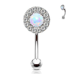316L Surgical Steel White CZ Gem Cluster & White Opal Curved Barbell