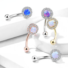 316L Surgical Steel White CZ Gem Cluster & White Opal Curved Barbell