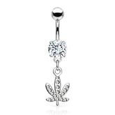 316L Surgical Steel White CZ Weed Leaf Dangle Belly Ring