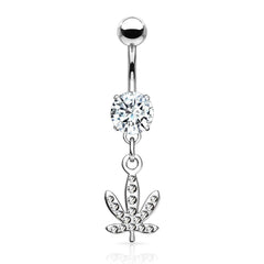 316L Surgical Steel White CZ Weed Leaf Dangle Belly Ring