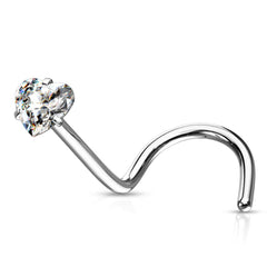 316L Surgical Steel White Heart CZ Corkscrew Nose Pin Ring