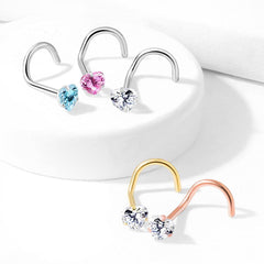 316L Surgical Steel White Heart CZ Corkscrew Nose Pin Ring