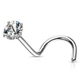 316L Surgical Steel White Round CZ Prong Gem Corkscrew Nose Ring Stud