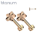 Pair of Implant Grade Titanium Rose Gold PVD Dainty Ridged Star Threadless Push In Earrings With Flat Back