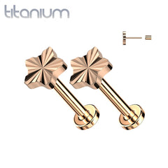 Pair of Implant Grade Titanium Rose Gold PVD Dainty Ridged Star Threadless Push In Earrings With Flat Back