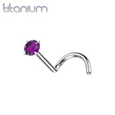 Implant Grade Titanium Corkscrew Nose Ring Stud Purple CZ With Prong