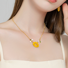 18K Bee Sunflower Enamel Necklace