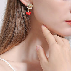 18k Hawthorn Flower Enamel Handcrafted Earrings-Short