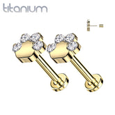 Pair of Implant Grade Titanium Gold PVD Paw Print White CZ Push In Earrings With Flat Back