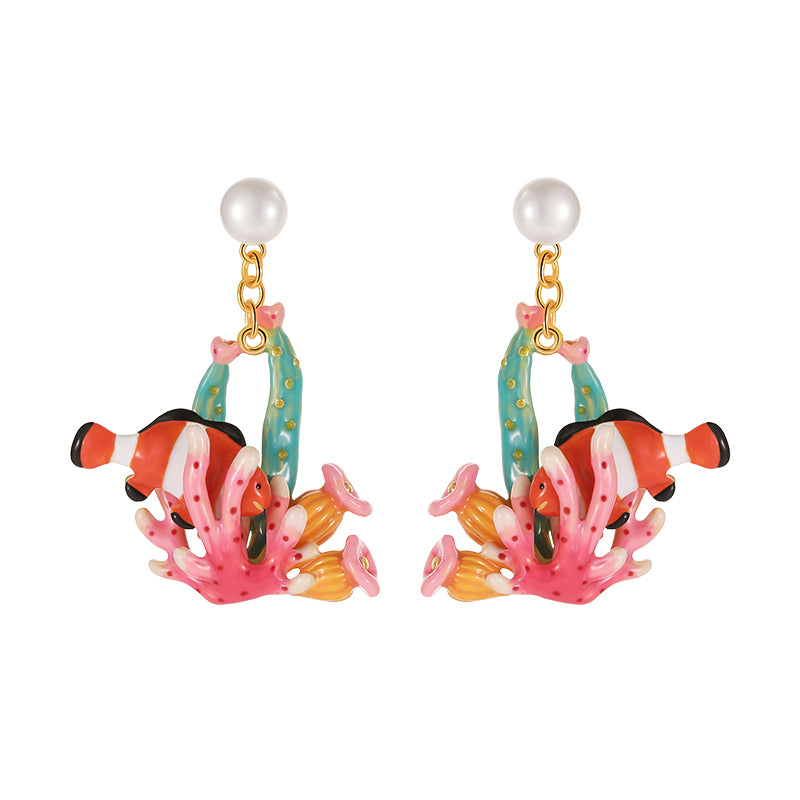 18K Ocean Clown Fish Enamel Earrings