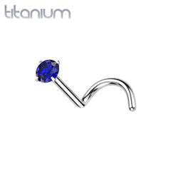 Implant Grade Titanium Corkscrew Nose Ring Stud Blue CZ With Prong