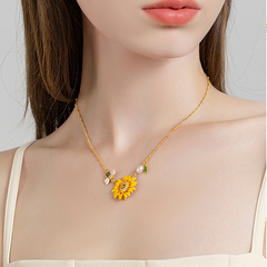 18K Bee Sunflower Enamel Necklace