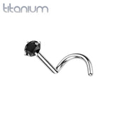 Implant Grade Titanium Corkscrew Nose Ring Stud Black CZ With Prong