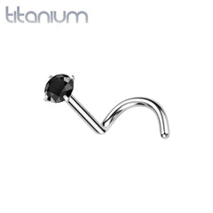 Implant Grade Titanium Corkscrew Nose Ring Stud Black CZ With Prong