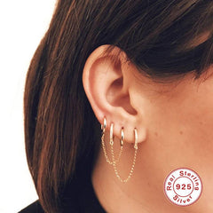 925 Sterling Silver Gold PVD Single Dainty Double Hoop With Chain Minimal Hoop Earring