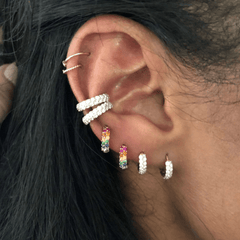 925 Sterling Silver Rose Gold PVD Minimal Women's Double Row White CZ Hinged Clicker Hoop Earrings