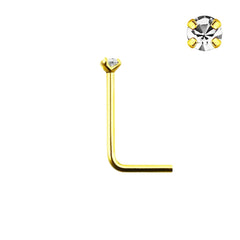 925 Sterling Silver 18Kt Gold Plated L Shape 1.25mm Prong CZ Nose Ring Stud
