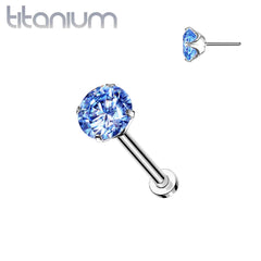 Implant Grade Titanium Threadless Push In Flat Back Aqua Prong CZ Nose Ring Stud
