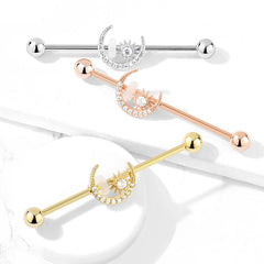 316L Surgical Steel Rose Gold PVD White CZ Gem Moon & Star Industrial Barbell