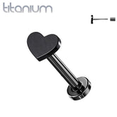 Implant Grade Titanium Threadless Push In Tragus/Cartilage Black PVD Heart Stud With Flat Back